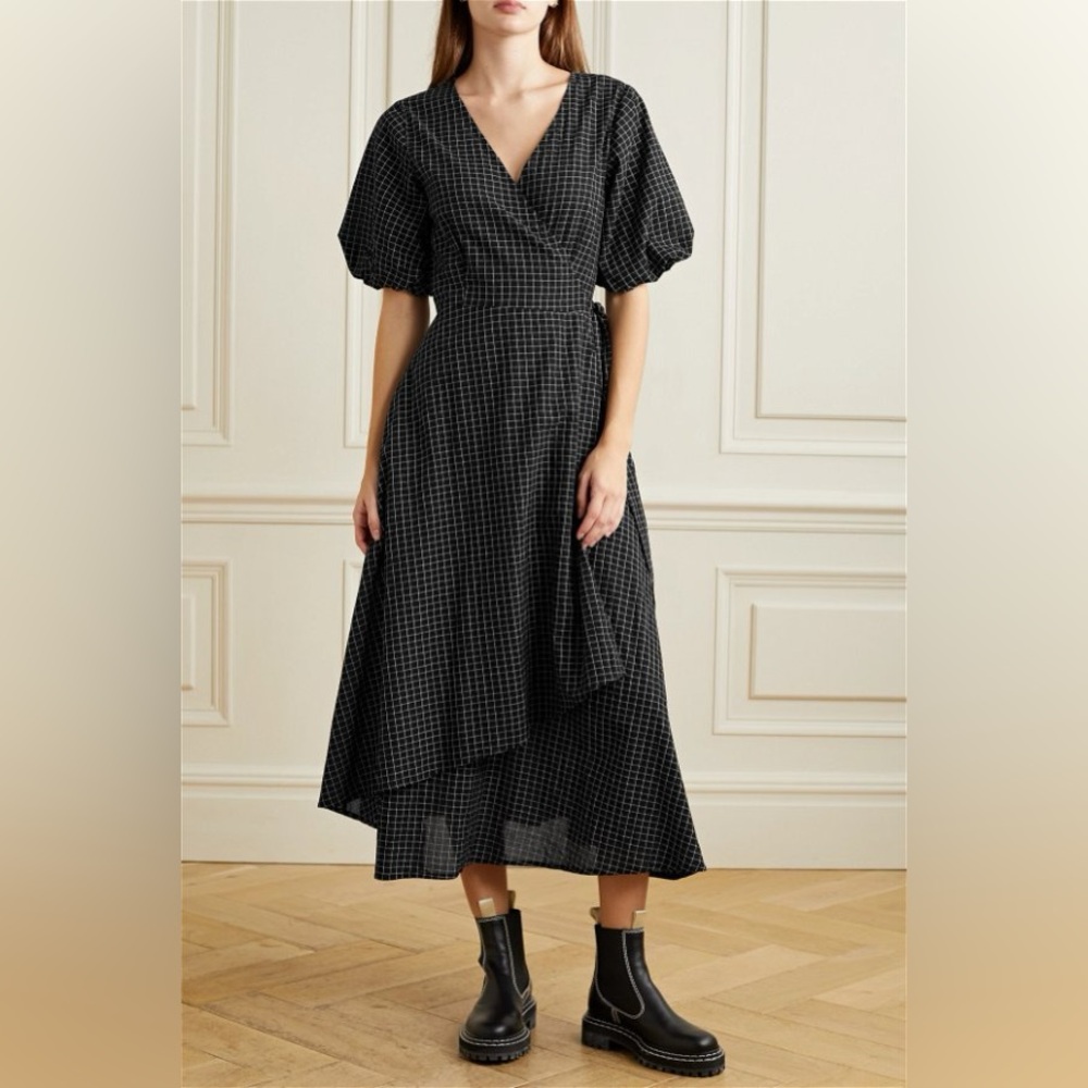 Apiece Apart Avignon Wrap Dress in Black/Cream Checks Size Small